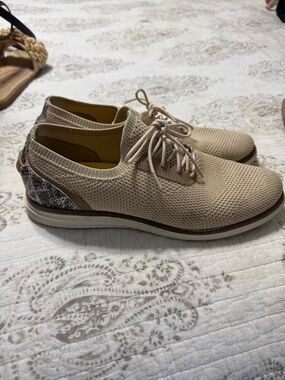 Cole Haan Beige Knit Lace-Up Sneakers with Snakeskin Heel